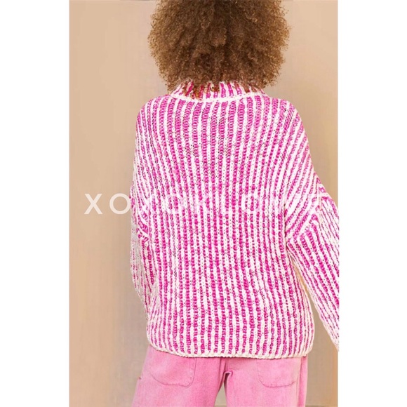 POL Hot Pink + White Striped Turtleneck Sweater Relaxed Fit - Picture 10 of 13